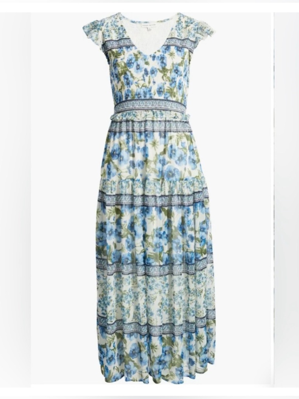 Moon River Floral Blue V-Neck Maxi Dress